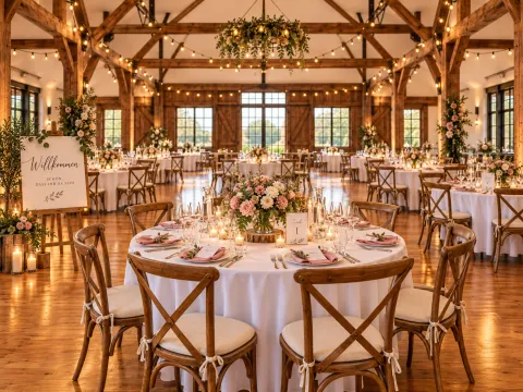 Festsaal mit eingedeckten runden Tischen, Holzstühlen und Blumenschmuck unter sichtbaren Holzbalken
